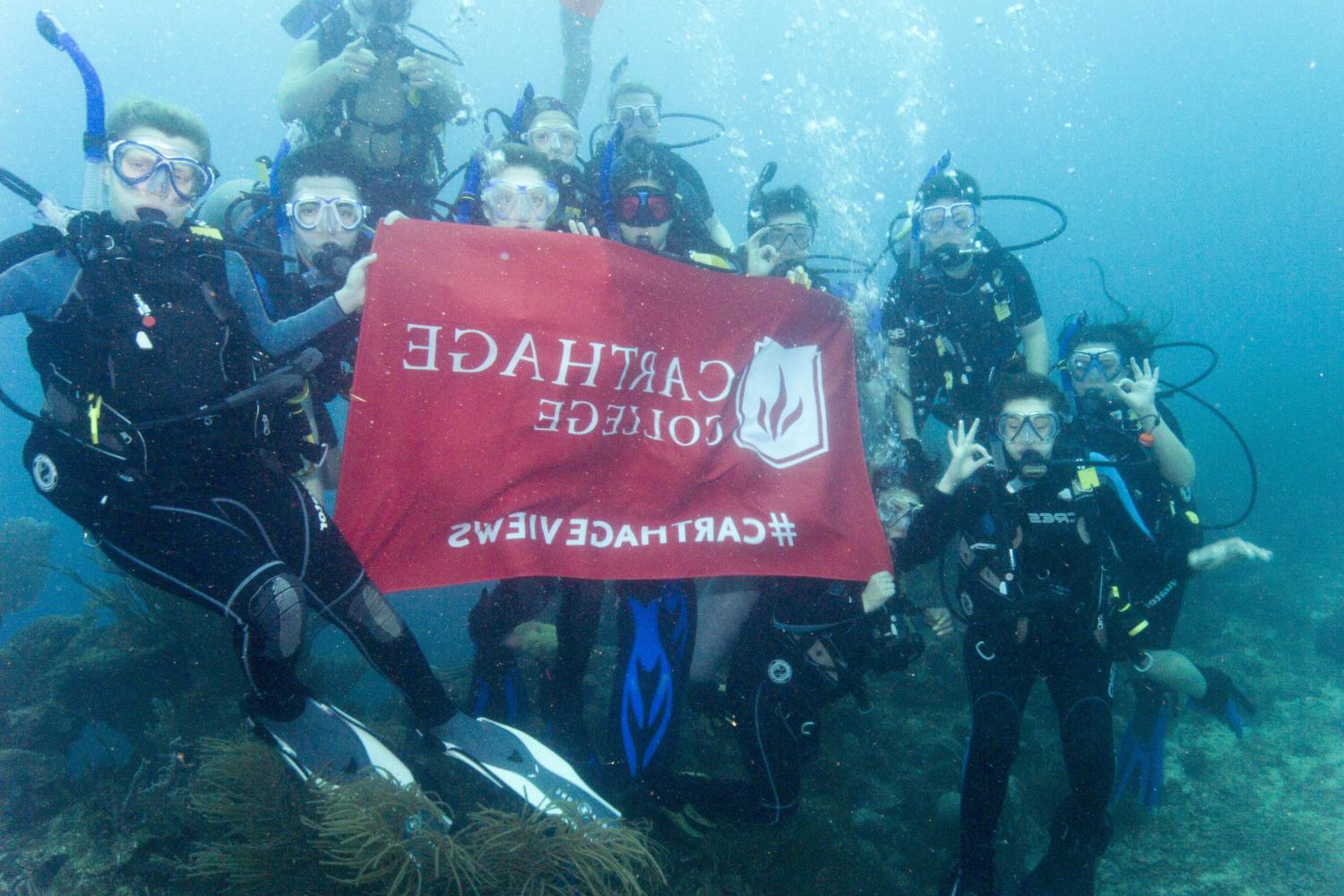 学生们手持<a href='http://turv.ngskmc-eis.net'>bv伟德ios下载</a>旗帜，在j学期洪都拉斯游学之旅中潜水.